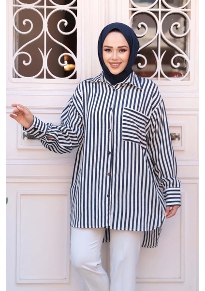 Çizgili Lacivert Tesettür Gömlek 10469L
