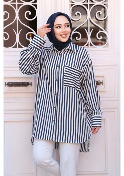 Çizgili Lacivert Tesettür Gömlek 10469L fiyatları