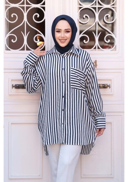 Çizgili Lacivert Tesettür Gömlek 10469L modelleri