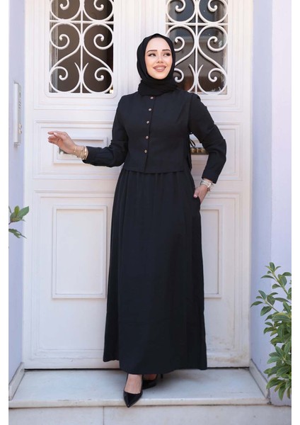 Süveter Detaylı Siyah Tesettür Elbise 7705S