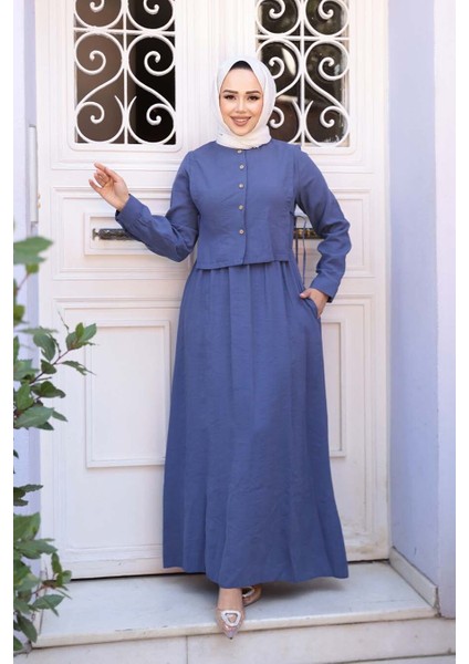 Süveter Detaylı Indigo Mavisi Tesettür Elbise 7705IM