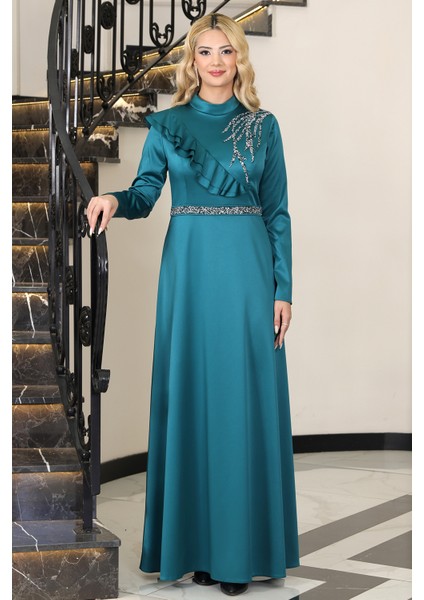 Omuz Taş Baskı Şık Saten Ada Büyük Beden Tesettür Abiye