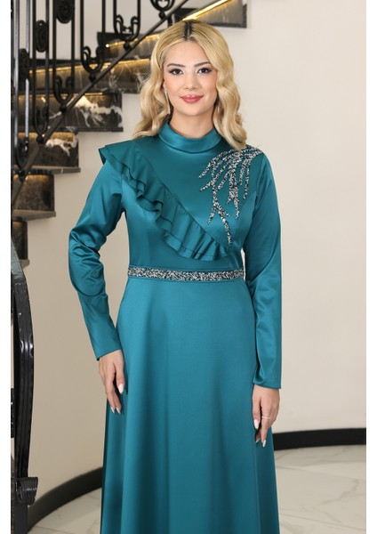 Omuz Taş Baskı Şık Saten Ada Büyük Beden Tesettür Abiye fiyatları