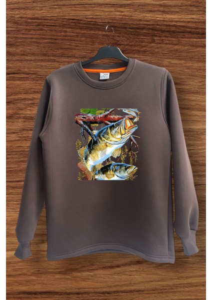 Avcılık Fishing Levrek Balıkçılığı Baskılı Balık Tutmak ve Olta Regular Fit Bisiklet Yaka Sweatshirt
