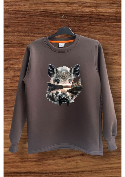 Avcılık Hunting Vahşi Yaşam Domuz Baskılı Pamuklu Regular Fit Bisiklet Yaka Sweatshirt