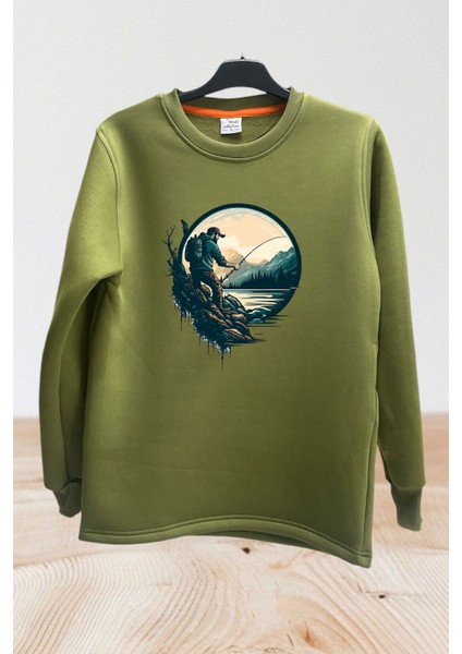 Balıkçılık Olta Ile Balık Tutmak Baskılı Regular Fit %100 Pamuk Bisiklet Yaka Sweatshirt