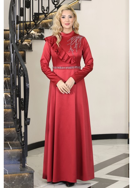 Omuz Taş Baskı Şık Saten Ada Büyük Beden Tesettür Abiye