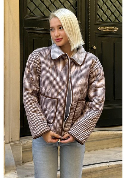 Kahverengi Pötikareli Cepli Kadın Mont MG2488 fırsatları