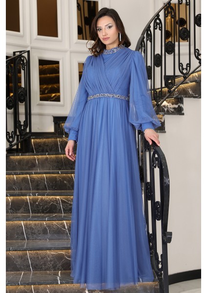 Senna Taş Detaylı Büyük Beden Şık Tesettür Abiye