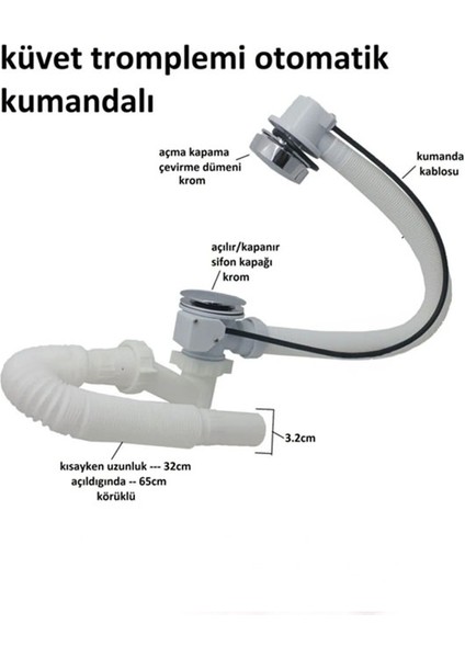 Ayrıntıshop Küvet Tromplemi Kumandalı Otomatik Küvet Jakuzi Sifonu Stoplu