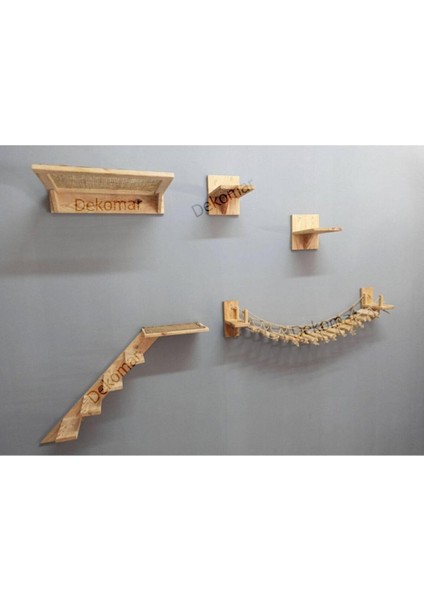 Kedi Için Duvara Monte Merdiven Yatak Rafları 4'lü Masif Ahşap Set Kahverengi