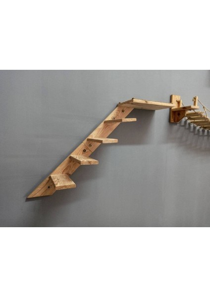 Kedi Için Duvara Monte Merdiven Yatak Rafları 4'lü Masif Ahşap Set Kahverengi fırsatları