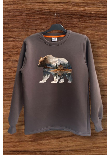 Hunter Avcılık Doğa Kamp Ayı Baskılı Pamuklu Regular Fit Bisiklet Yaka Sweatshirt