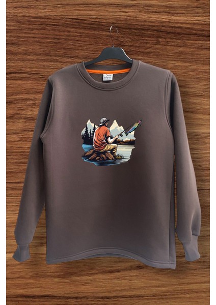 Fishing Balıkçılık Baskılı Olta ile Alabalık Avı Regular Fit %100 Pamuk Sweatshirt