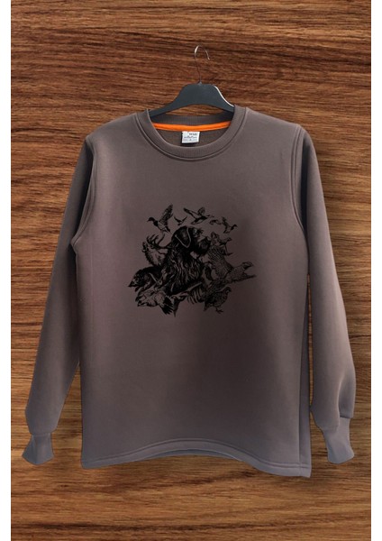Avcılık Hunter Drahthaar Av Köpeği ve Keklik Ördek Çulluk Baskılı Regular Fit %100 Pamuk Sweatshirt