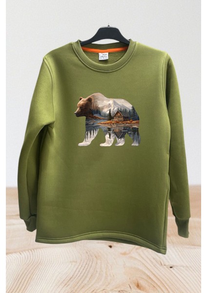 Hunter Avcılık Doğa Kamp Ayı Baskılı Pamuklu Regular Fit Bisiklet Yaka Sweatshirt