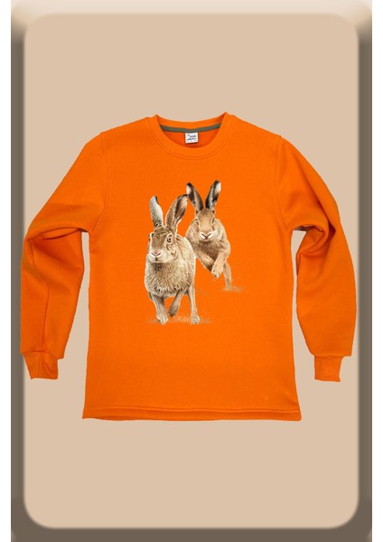 Avcılık Hunter Tavşan Avı Baskılı %100 Pamuk Regular Fit Bisiklet Yaka Turuncu Sweatshirt