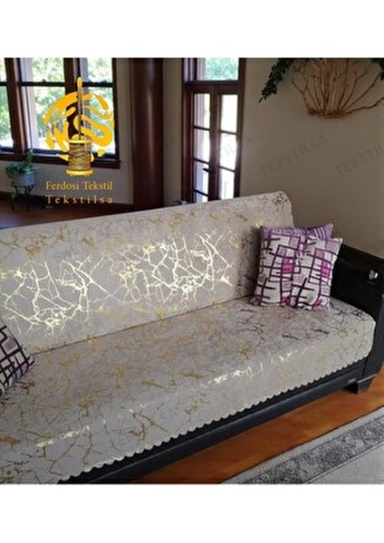 Kadife Koltuk ve Çekyat Örtüsü Krem Renk Altın Varaklı 1 Adet Kolay Temizlenebilir