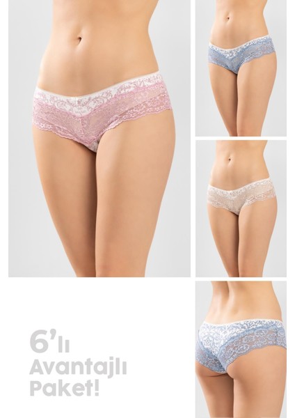 Mavi Beyaz Çiçekli Dantel Detaylı Kadın Hipster Külot 8132 Renkli