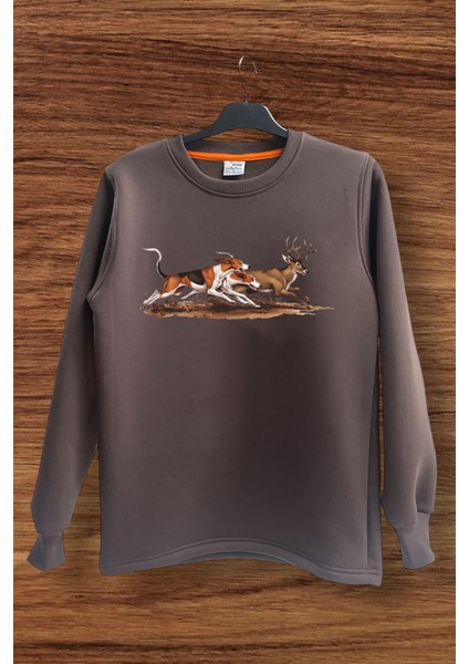 Avcılık Hunting Geyik Avı Baskılı Avcı Köpekleri %100 Pamuk Bisiklet Yaka Sweatshirt