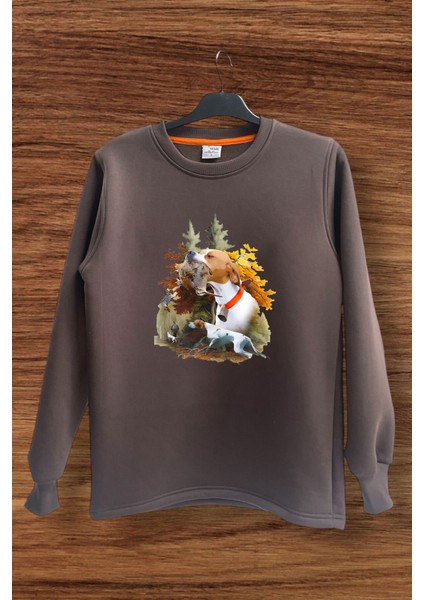 Avcılık Hunting Çulluk ve Av Köpeği English Pointer Baskılı %100 Pamuk Bisiklet Yaka Sweatshirt