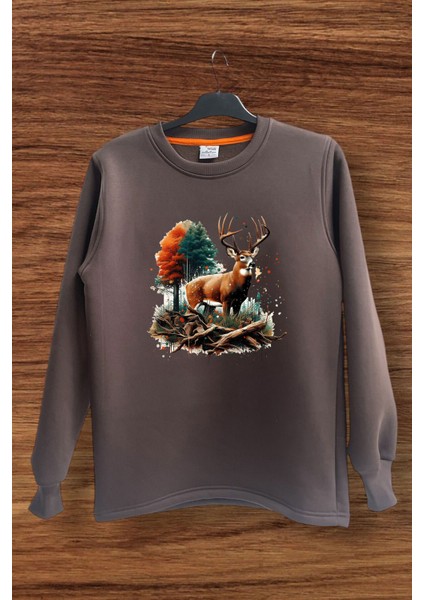 Avcılık Kamp Doğa Vahşi Yaşam Orman ve Geyik Baskılı Regular Fit Bisiklet Yaka Sweatshirt