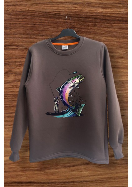 Hunter Avcılık Balıkçılık Alabalık Baskılı Regular Fit %100 Pamuk Bisiklet Yaka Sweatshirt