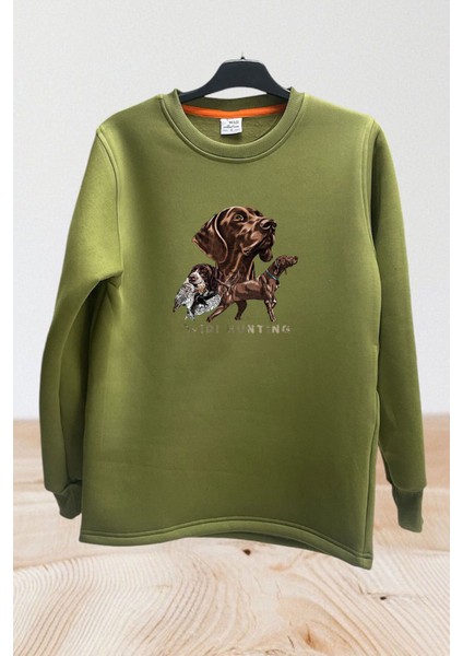 Avcılık Hunter Kurzhaar Av Köpeği ve Çulluk Baskılı Regular Fit %100 Pamuk Bisiklet Yaka Sweatshirt
