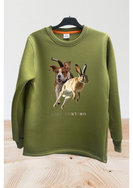 Avcılık Hunting Tavşan Avı ve Av Köpeği Baskılı Regular Fit %100 Pamuk Bisiklet Yaka Sweatshirt