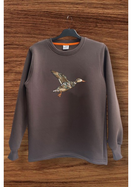 Avcılık Hunter Kamuflaj Desen Ördek Baskılı Regular Fit %100 Pamuk Bisiklet Yaka Turuncu Sweatshirt