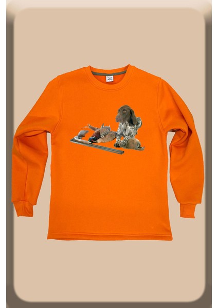 Avcılık Hunter Kurzhaar Av Köpeği ve Keklik Baskılı Regular Fit %100 Pamuk Bisiklet Yaka Sweatshirt