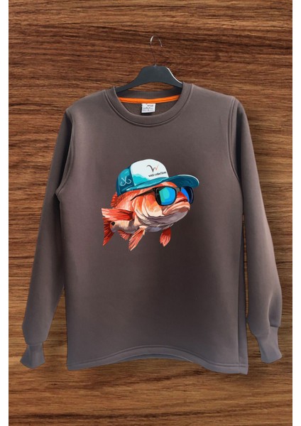 Avcılık Fishing Balıkçılık Şapkalı Balık Baskılı Regular Fit %100 Pamuk Bisiklet Yaka Sweatshirt