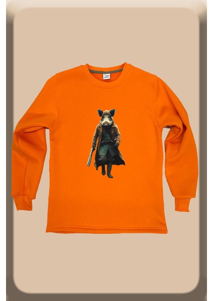 Hunter Avcılık Domuz Baskılı Fişek Domuz Avcılığı Regular Fit %100 Pamuk Bisiklet Yaka Sweatshirt