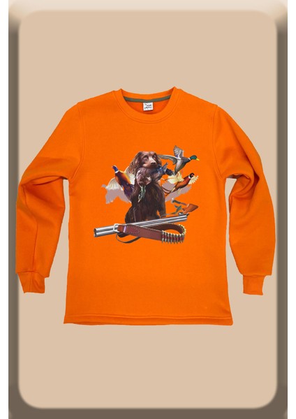 Hunter Av Köpeği Avcılık Fişek ve Çulluk Kuşu Baskılı Regular Fit Bisiklet Yaka Turuncu Sweatshirt