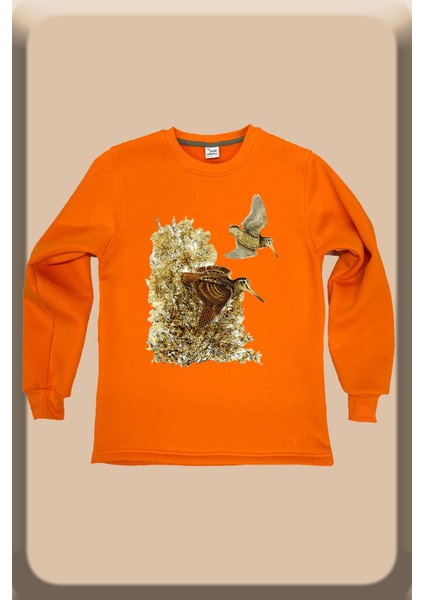 Doğa Avcılık Çulluk Baskılı Çulluk Kuşu %100 Pamuk Regular Fit Bisiklet Yaka Turuncu Sweatshirt
