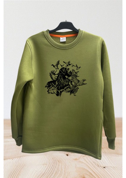Avcılık Hunter Drahthaar Av Köpeği ve Keklik Ördek Çulluk Baskılı Regular Fit %100 Pamuk Sweatshirt