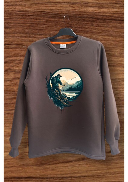 Balıkçılık Olta Ile Balık Tutmak Baskılı Regular Fit %100 Pamuk Bisiklet Yaka Sweatshirt