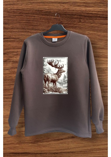 Avcılık Hunter Geyik Avı Poster Baskılı Pamuklu Regular Fit Bisiklet Yaka Sweatshirt