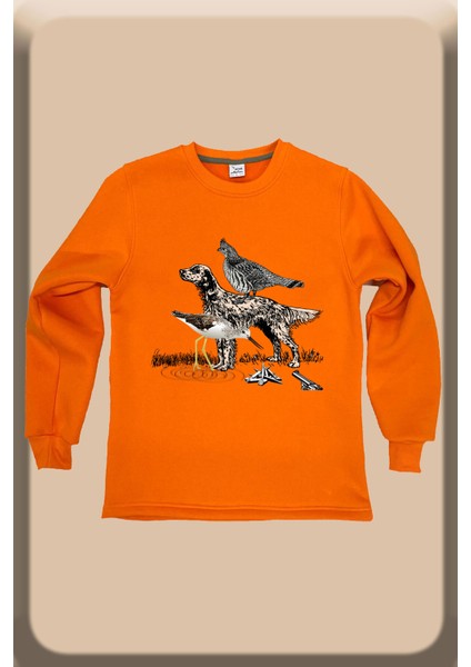 Avcılık Setter Çulluk Baskılı Regular Fit %100 Pamuk Regular Fit Bisiklet Yaka Turuncu Sweatshirt
