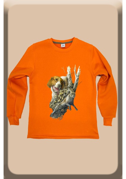 Avcılık Hunter Tavşan Baskılı Regular Fit %100 Pamuk Regular Fit Bisiklet Yaka Turuncu Sweatshirt
