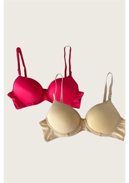 Kırmızı-Ten 2'li Mikro Kumaş Içi Boş Balenli Günlük Desteksiz Sütyen