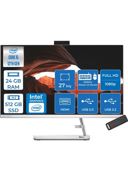 Ideacentre Aıo 3 27IAP7 Intel Core I5 12450H 24GB 512GB SSD Freedos 27" Fhd (1920X1080) IPS 250NITS All In One Bilgisayar Beyaz WF0GJ0127TRF07+ZETTAUSBBELLEK