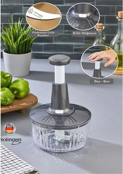 3 Bıçaklı Paslanmaz Çelik Basmalı El Rondosu Manuel Sebze Meyve Doğrayıcı Gümüş Renk