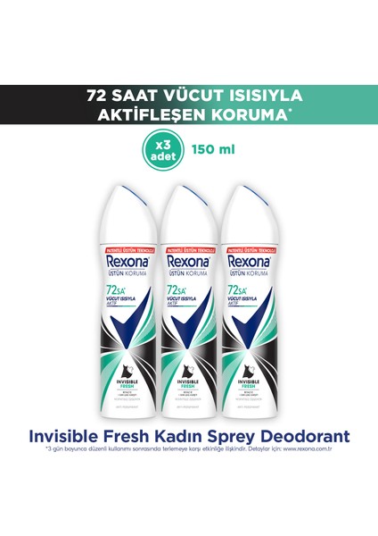 Üstün Koruma Kadın Sprey Deodorant Invisible Fresh 150 ml x3