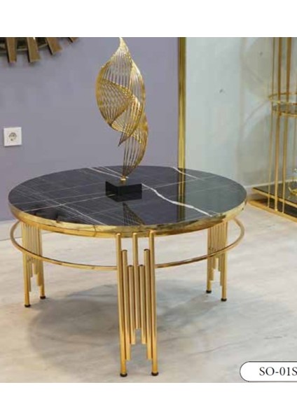 Mim Siyah Mermer - Gold Yuvarlak Sütun Orta Sehpa