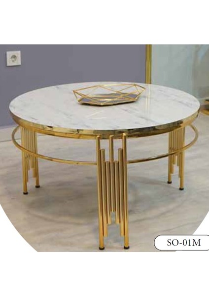 Mim Beyaz Desenli - Gold Yuvarlak Sütun Orta Sehpa