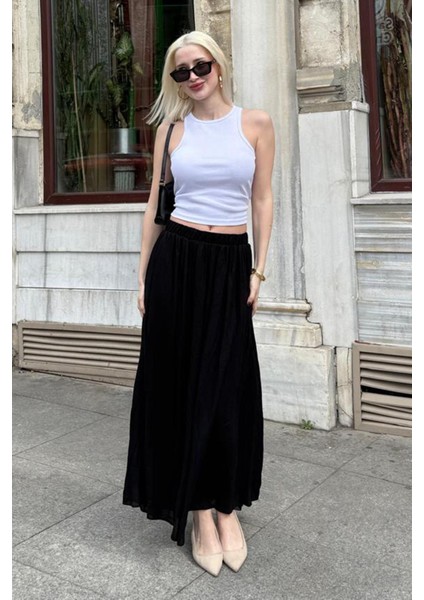 Siyah Vual Kumaş Basic Kadın Uzun Boy Kadın Etek MG2366