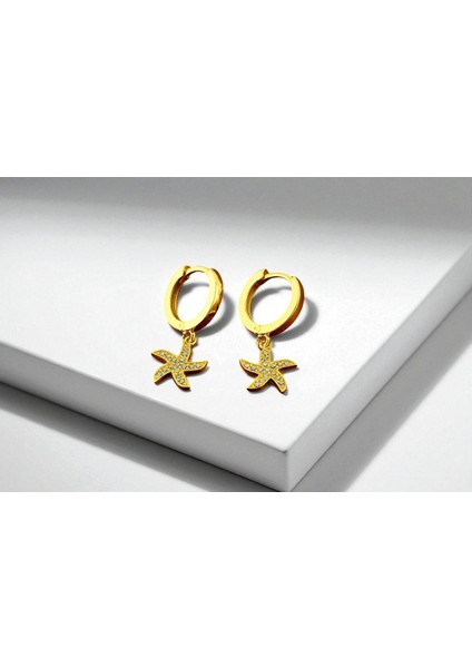 Sallantılı Yıldız Küpe 925 Ayar Gümüş 18 K Gold Kaplama Kadife Kutulu