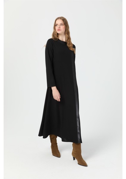 Deri Pat Detaylı Elbise Siyah modelleri