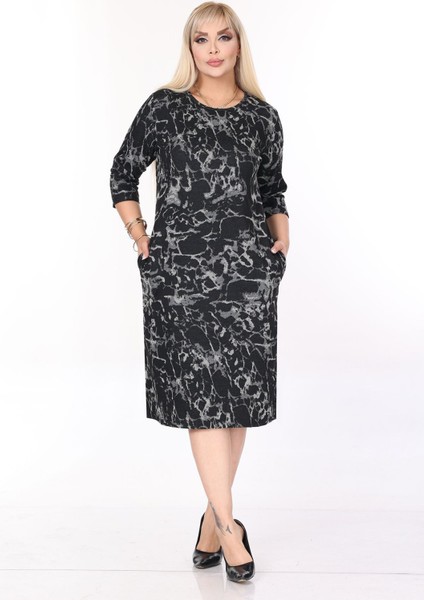 Çift Cepli Desenli Esnek Kışlık Büyük Beden Midi Elbise 44C-2703 fiyatları